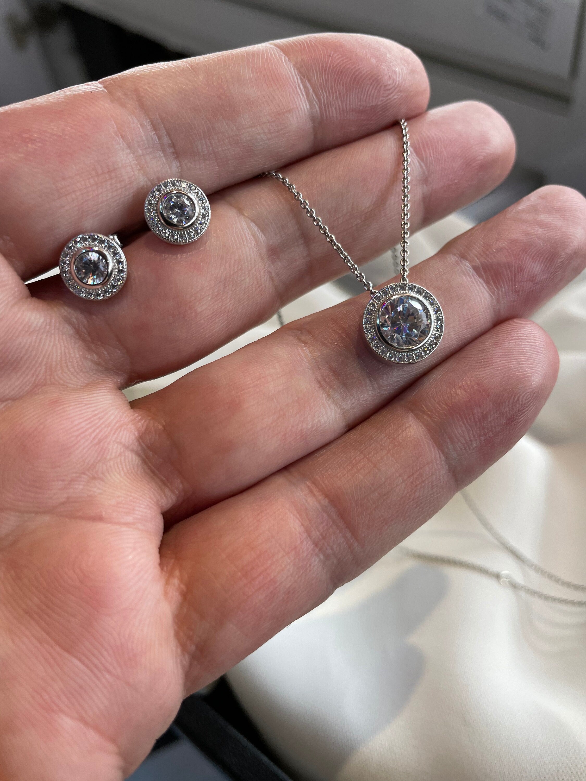 Sterling Silver CZ Pendant Necklace & Stud Earrings Set