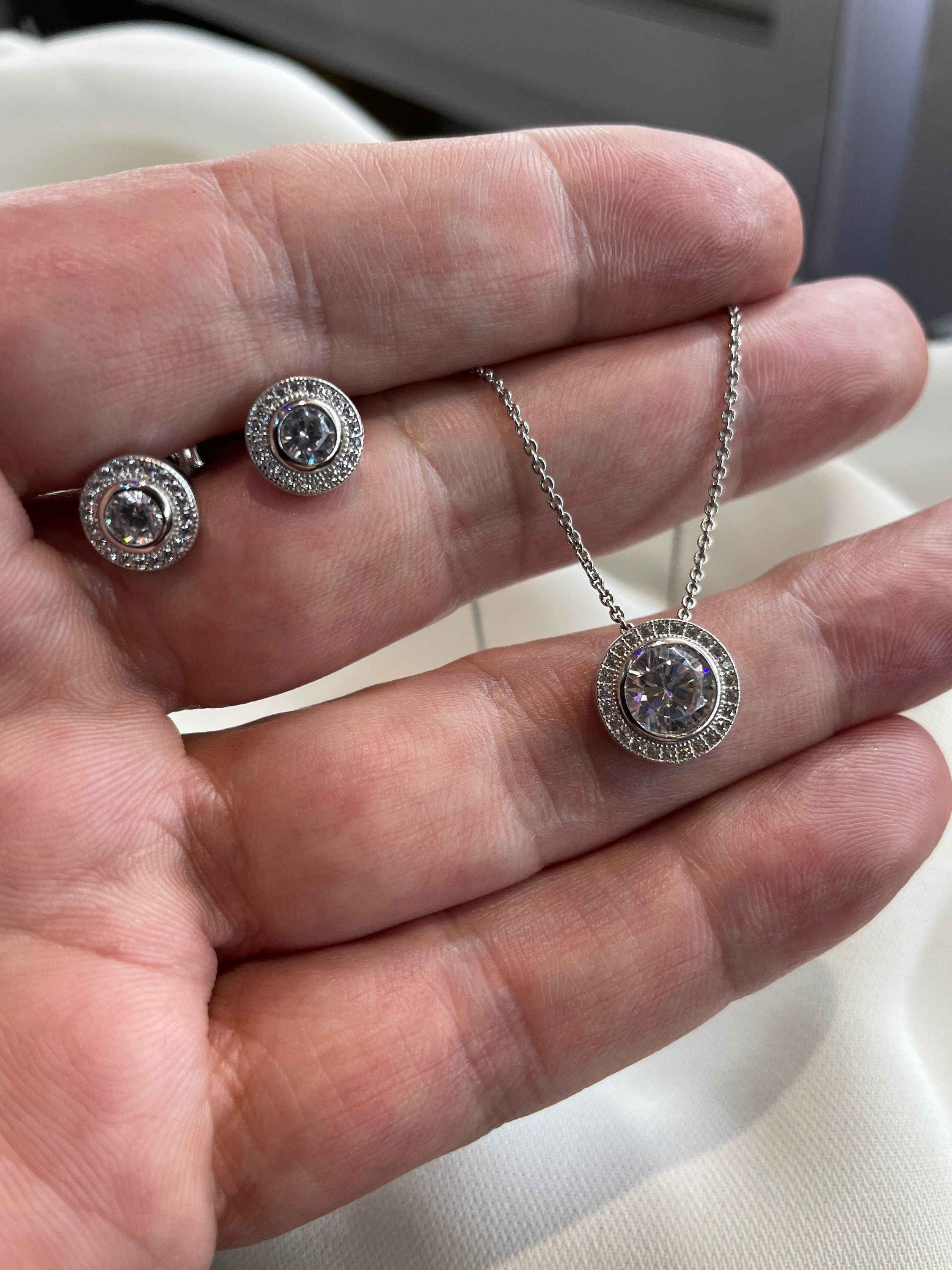 Sterling Silver CZ Pendant Necklace & Stud Earrings Set