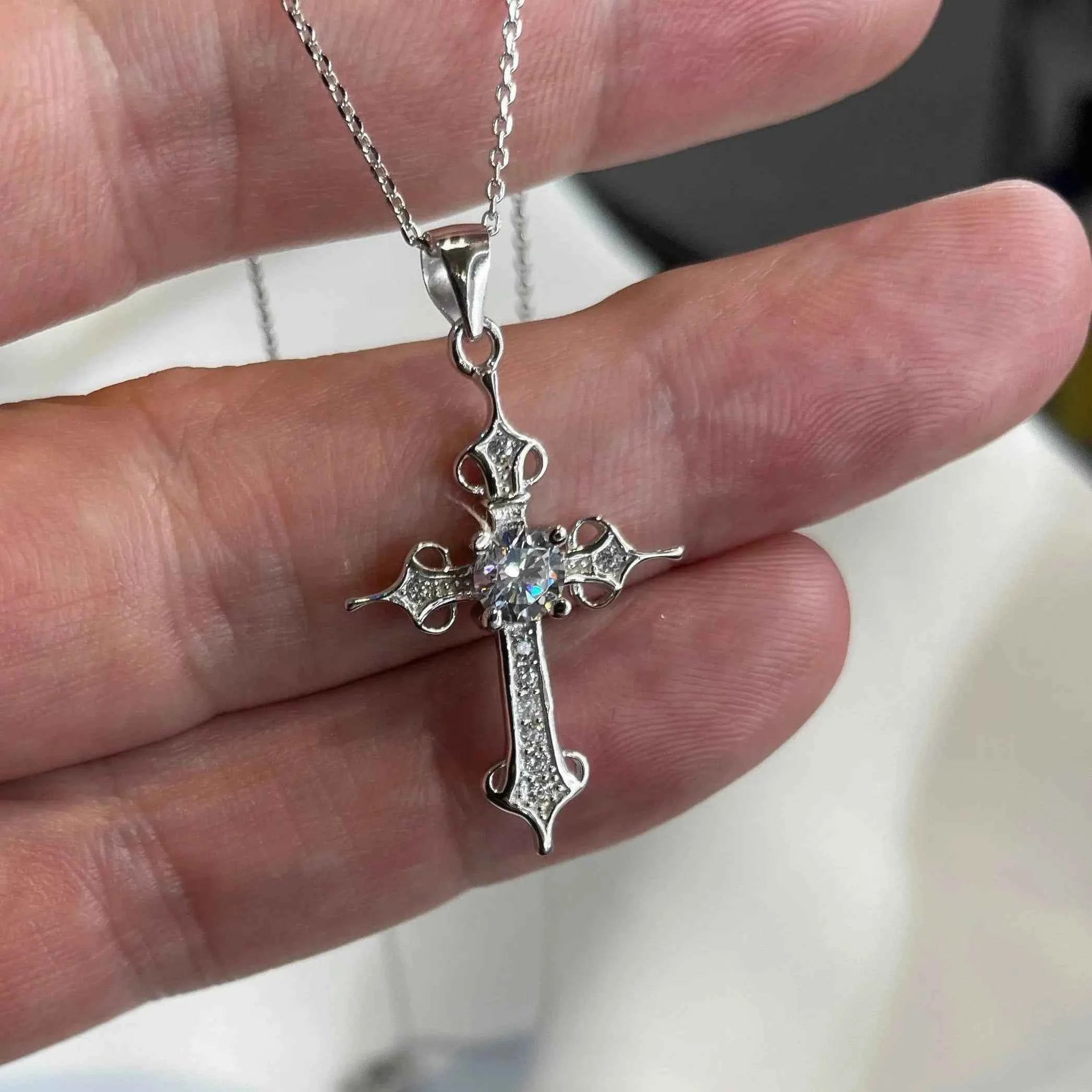 Simulated Diamond Cross Pendant Necklace | Sterling Silver Round Cut