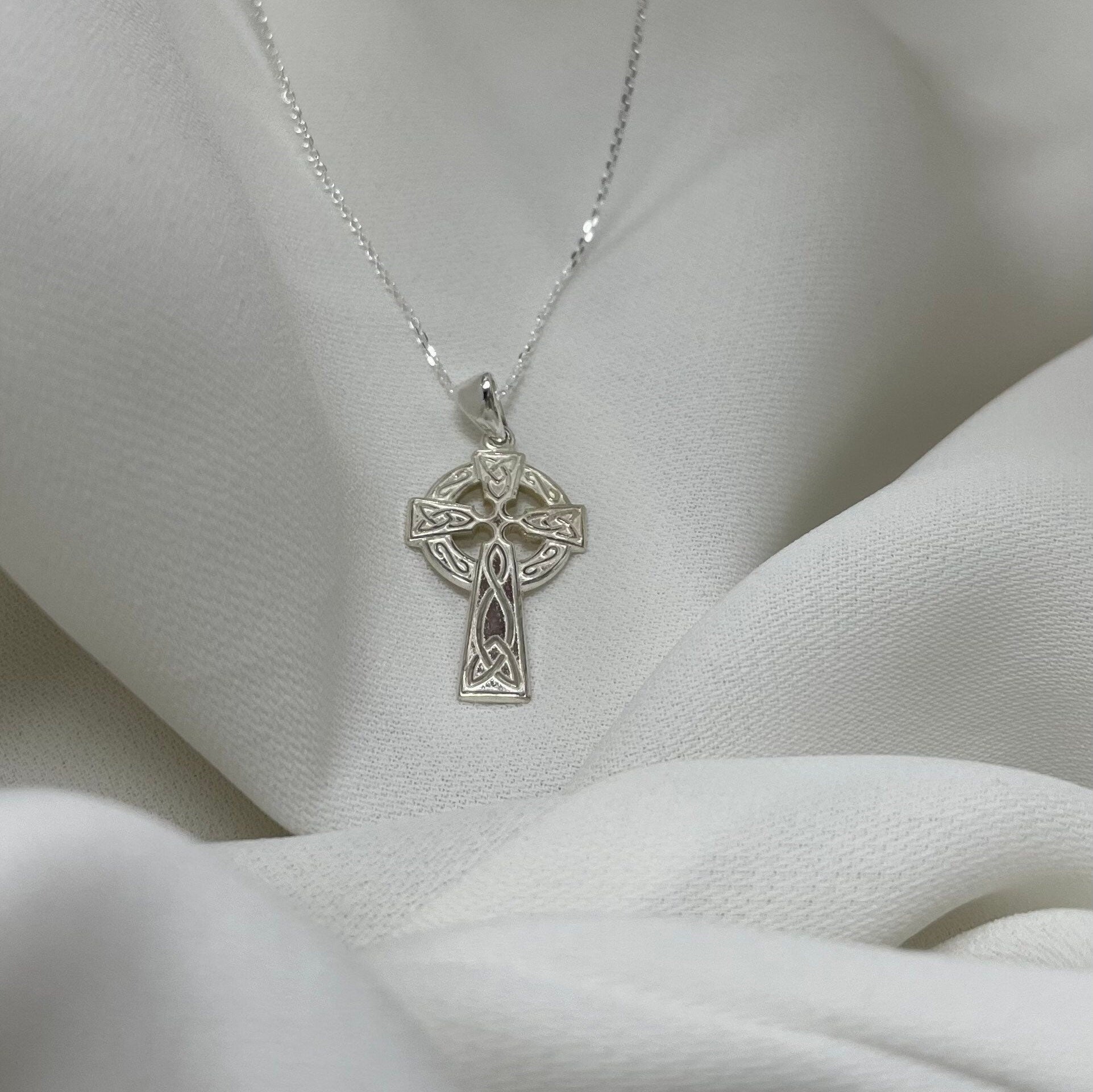 Sterling Silver Celtic Cross Pendant 1.80 Grams with Silver Faceted Belcher Chain - Gift Boxed