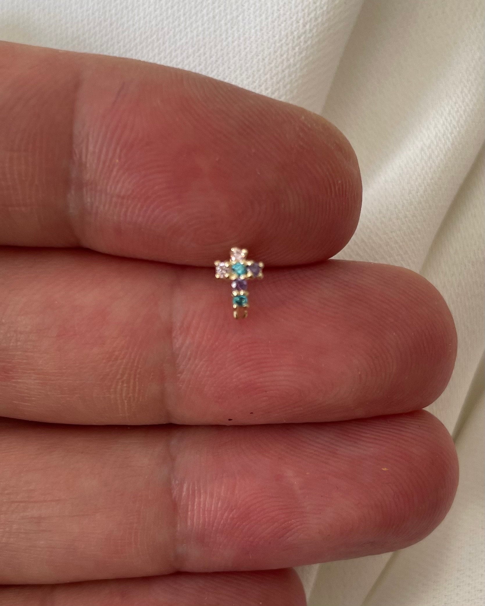 9ct Gold Multi Gem Cross Hoop Earring: Helix Cartilage Jewelry