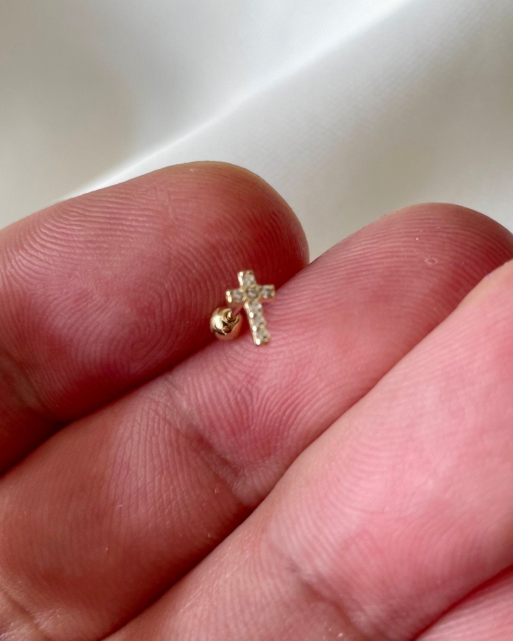 9ct Yellow Gold CZ Cross Cartilage Stud Earring