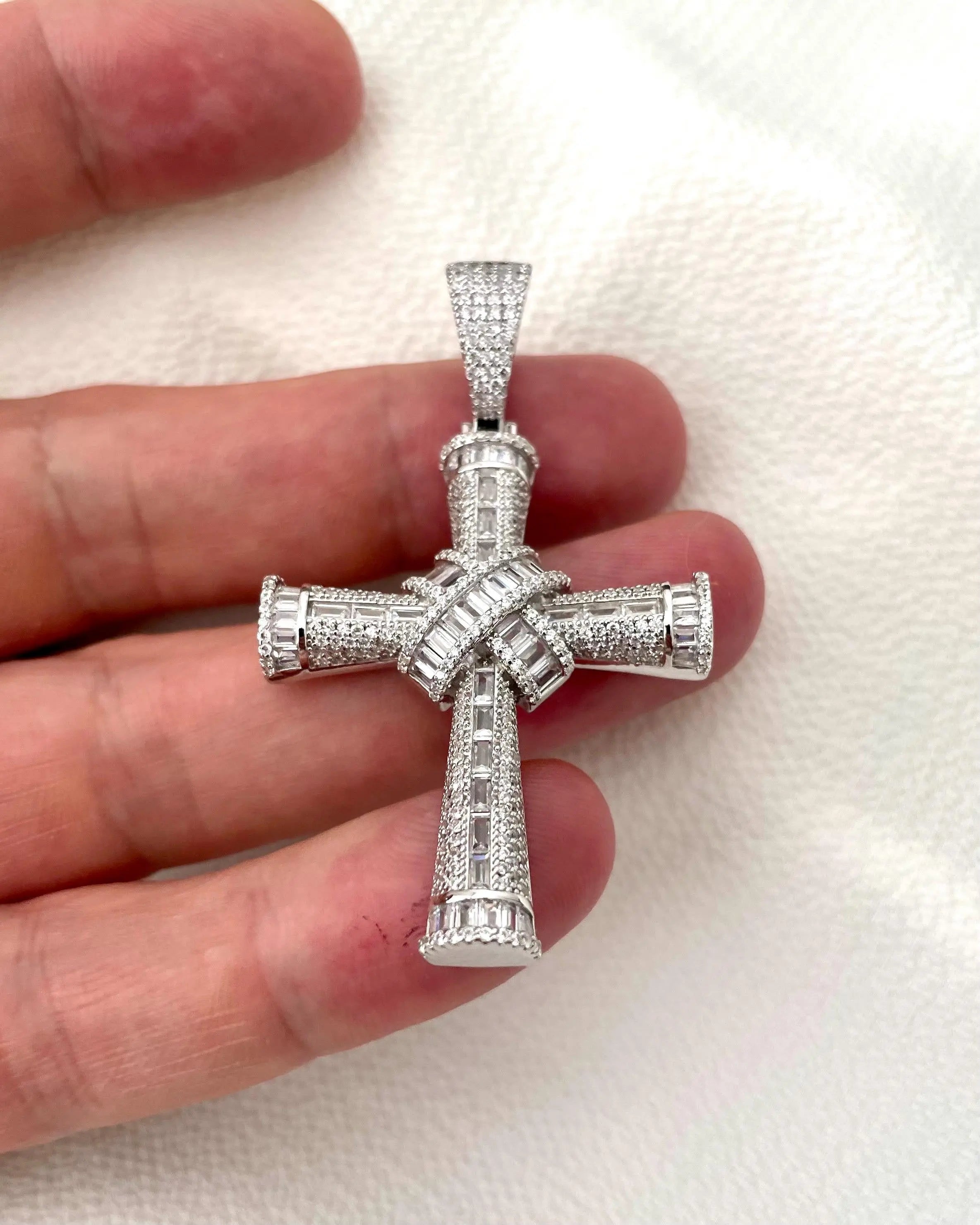 Sterling Silver CZ Cross Pendant - Baguette Cut Stone, Gift Boxed limanilondon
