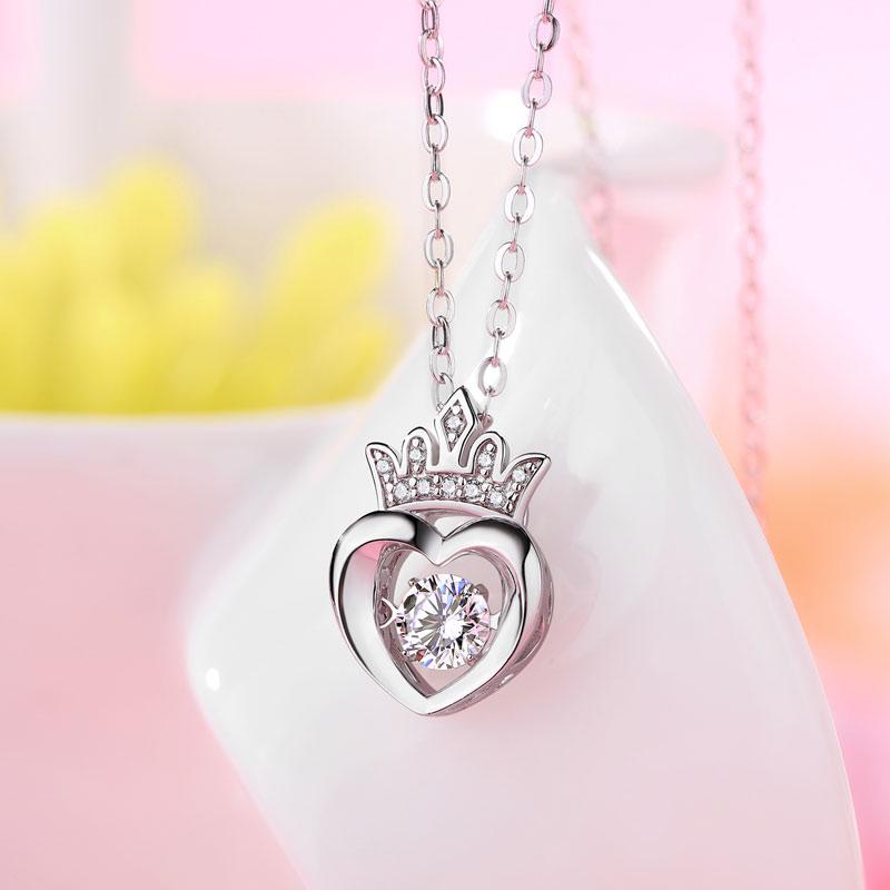 0.4 Carat Moissanite Diamond Dancing Stone Heart Crown Necklace 925 Sterling Silver