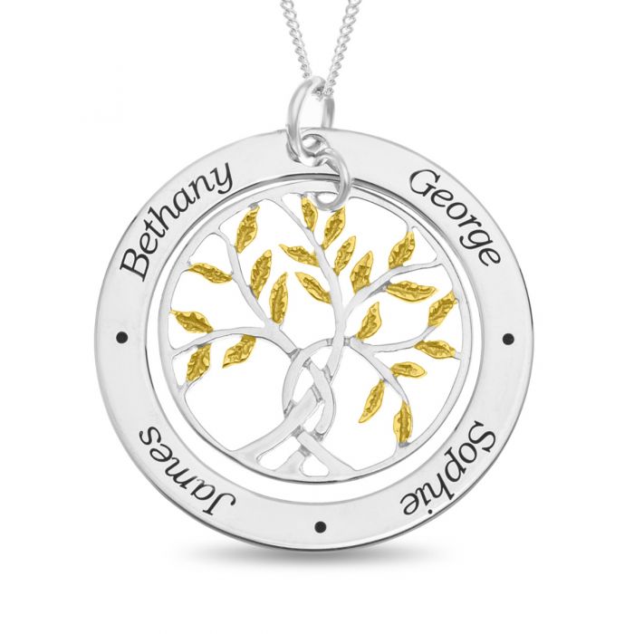 Sterling Silver Personalized 4 Names Family Tree Pendant Gold Plated Leaf Design