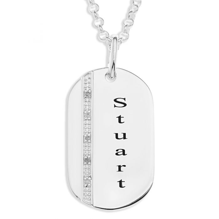 Sterling Silver Personalized Diamond Set Dog Tag Pendant On 20" Belcher Chain