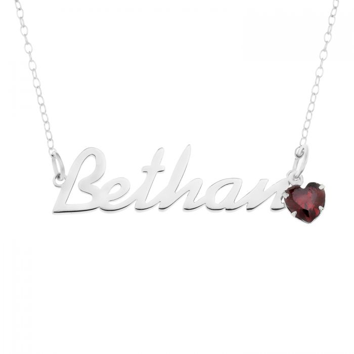 Sterling Silver Name Necklace With Birthstone Heart Charm on 16" Trace Chain