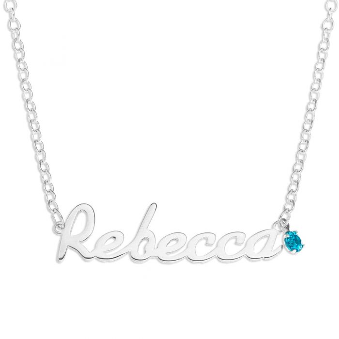 Sterling Silver Personalize Name Plate Necklace Round BirthStone Necklace 16" Trace Chain