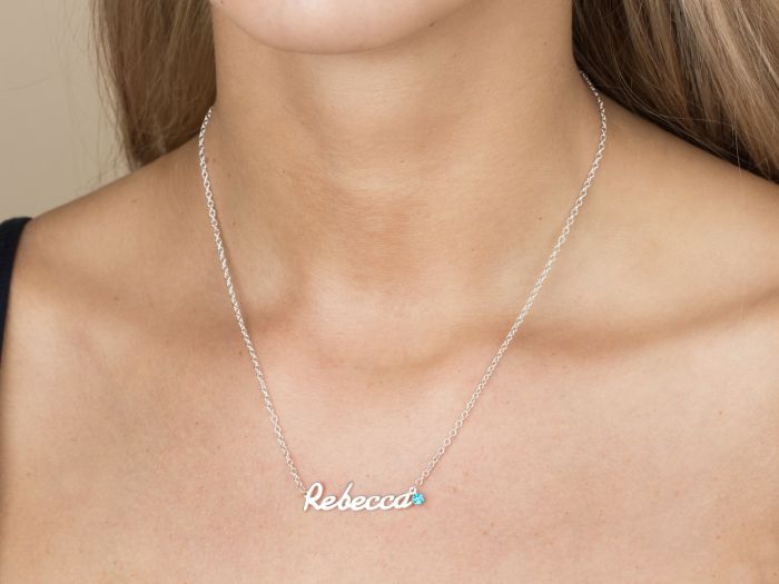Sterling Silver Personalize Name Plate Necklace Round BirthStone Necklace 16" Trace Chain
