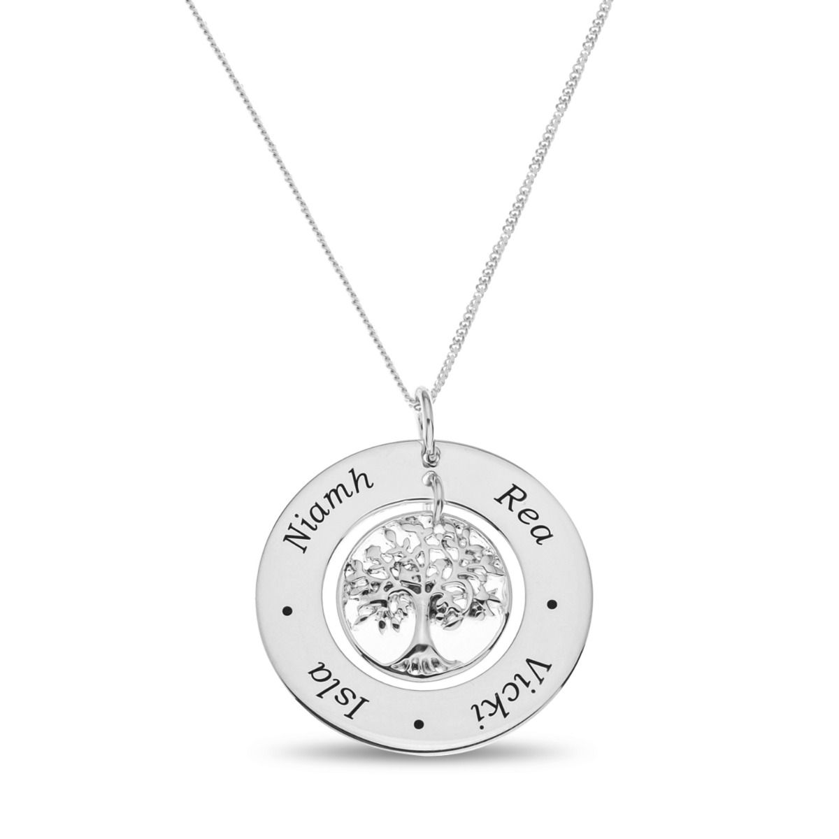 Sterling Silver Family Tree Pendant on 18" Chain Personalised With 4 Names